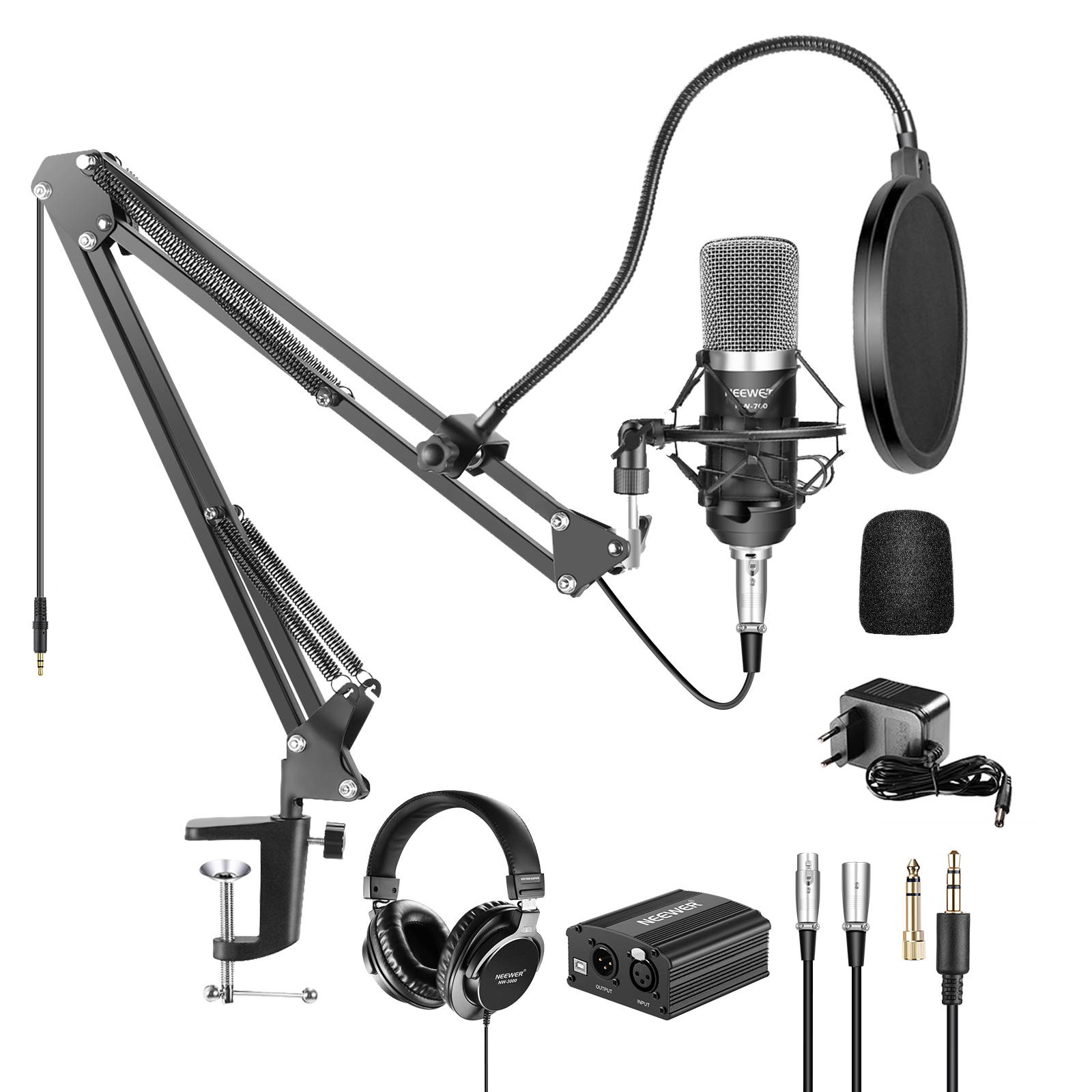 Neewer NW-700 Pro Condenser Microphone and Monitor Headphones Kit with 48V Phantom Power Supply, NW-35 Boom Scissor Arm Stand, Shock Mount and Pop Filter for Home Studio Sound Recording(Black)