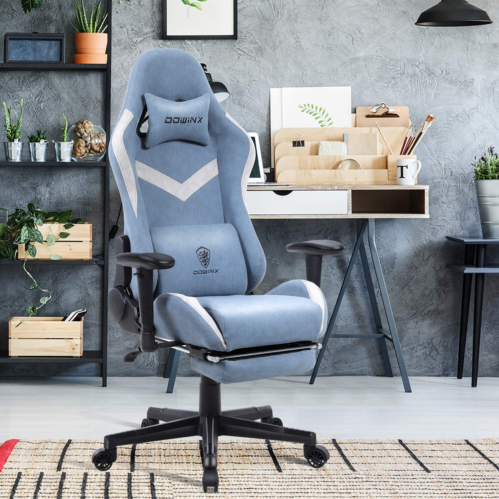 Dowinx Gaming Chair Breathable Fabric Office Chair with Massage Lumbar Support, High Back Ergonomic Comouter Chair Adjustable Swivel Task Chair with Footrest (Blue)