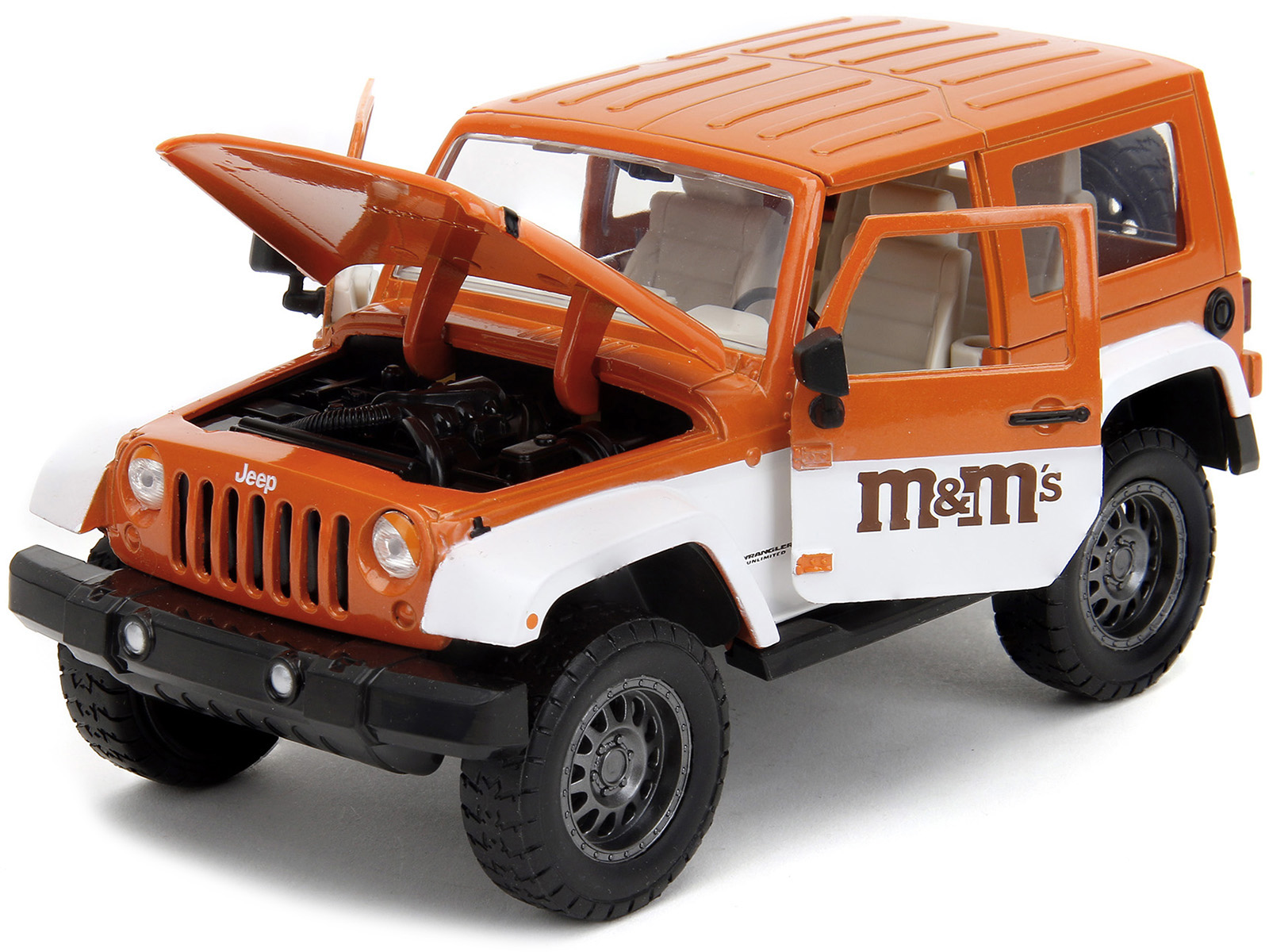 2017 Jeep Wrangler Orange Metallic and White and Orange M&M Diecast Figure "M&M's" "Hollywood Rides" Series 1/24 Diecast Model Car by Jada