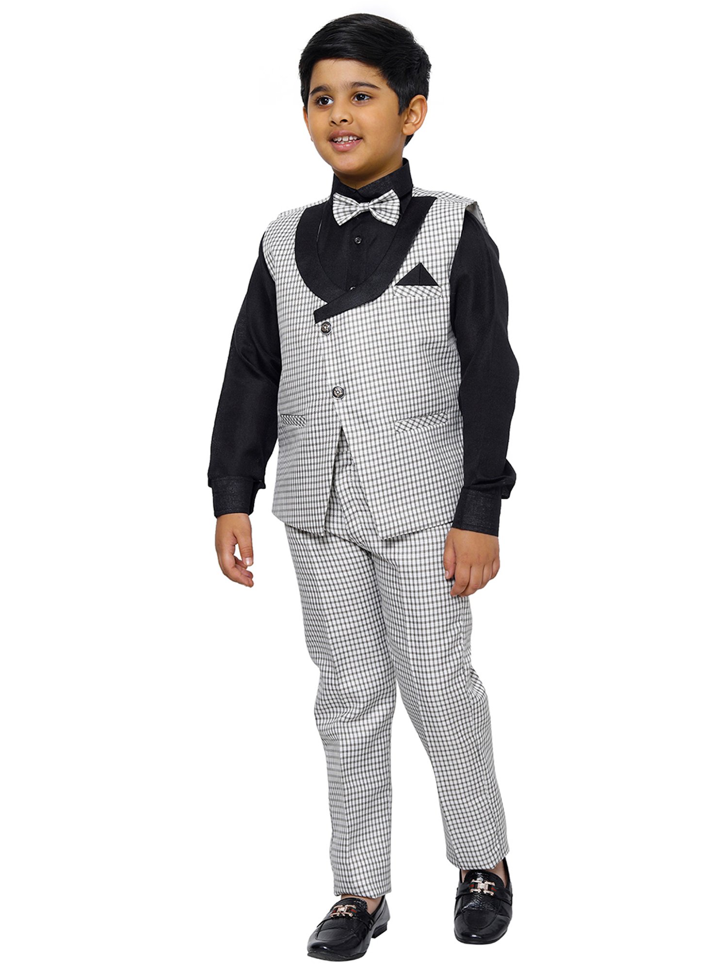Pro-Ethic Style Developer Kids White & Black Checks Full Sleeves Shirt, Waistcoat, Pants with Bow