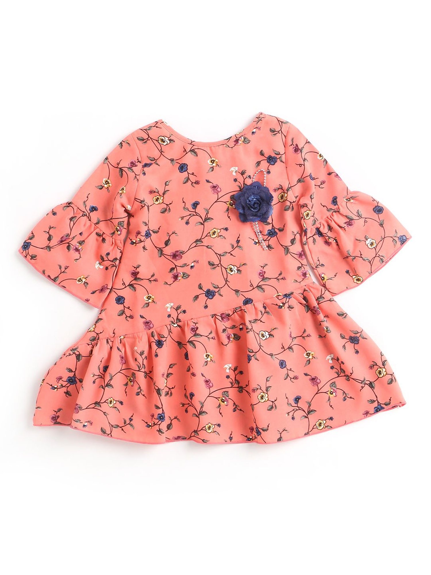 The Magic Wand Kids Peach Floral Print Dress with Corsage