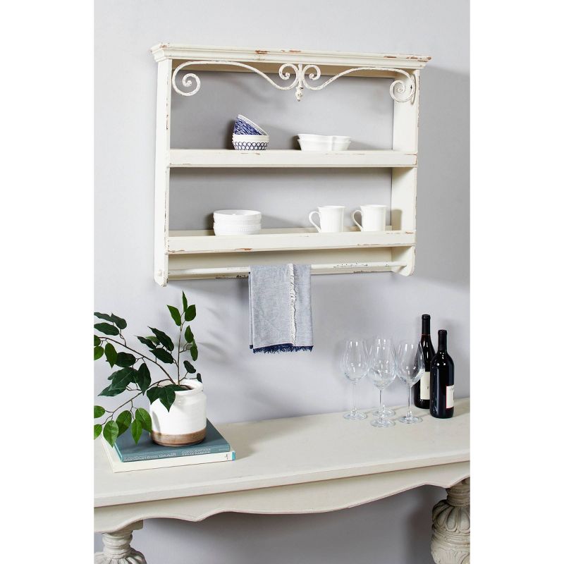 33" x 28" Rectangular Distressed White Wood Wall Shelf with 2 Shelves Towel Rack and Iron Scrollwork - Olivia & May