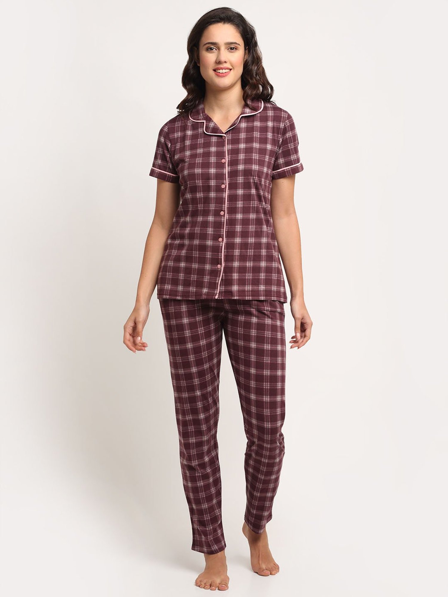 Kanvin Maroon Checks Shirt with Pyajmas