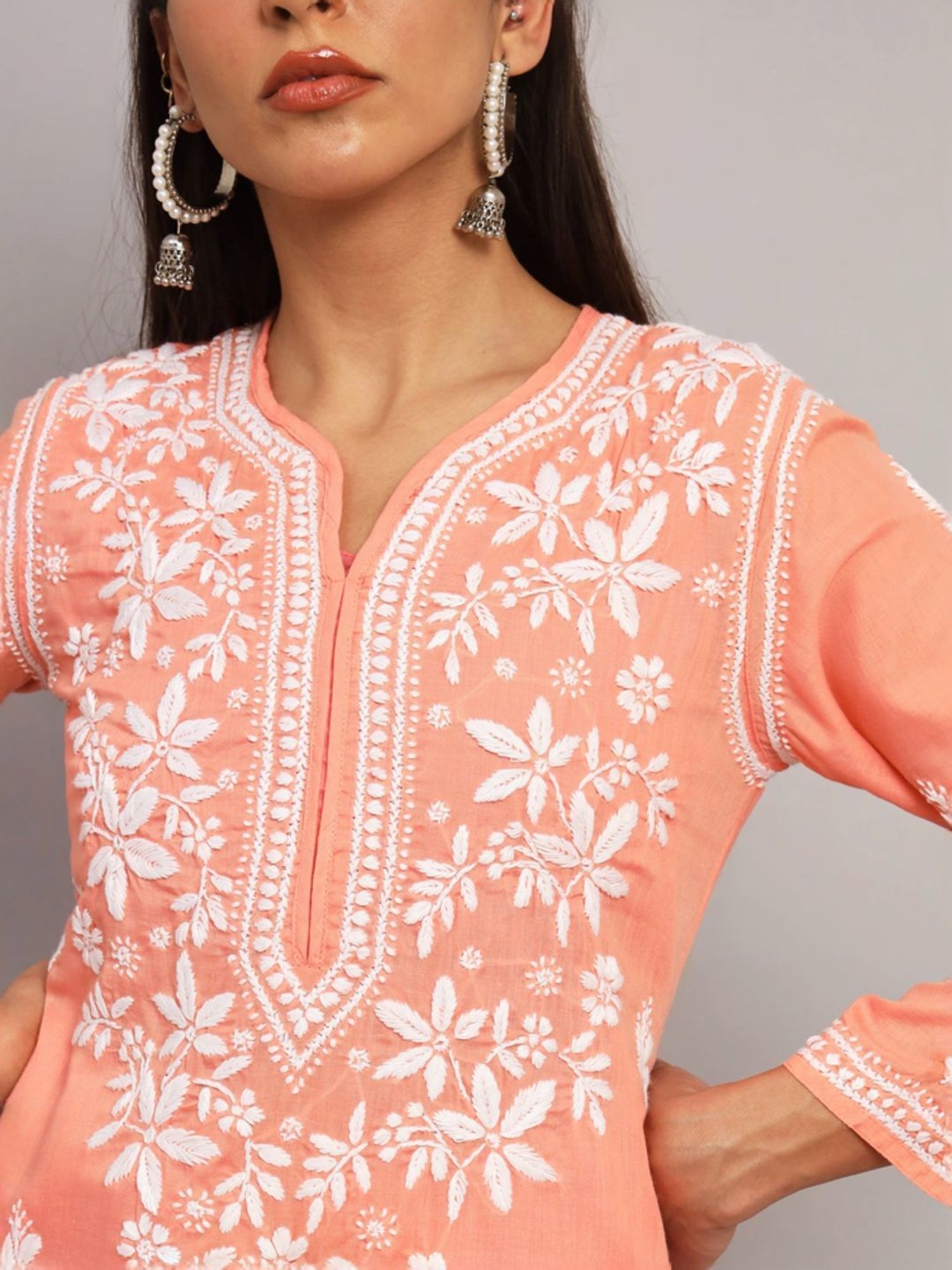 PARAMOUNT CHIKAN Peach Cotton Hand Embroidered Chikankari Straight Kurta