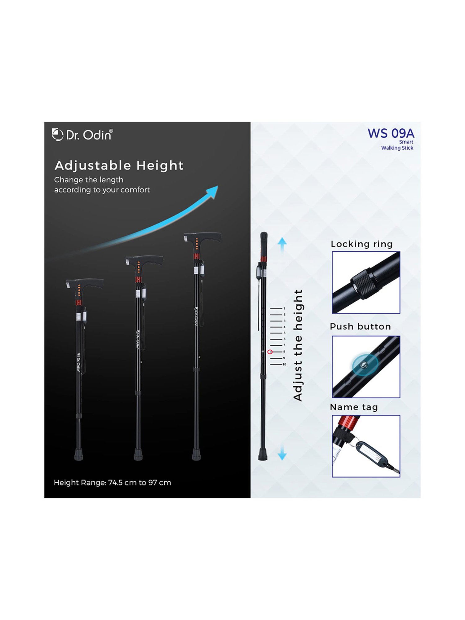 Dr. Odin Foldable Smart Walking Stick with FM Radio and SOS (Black)