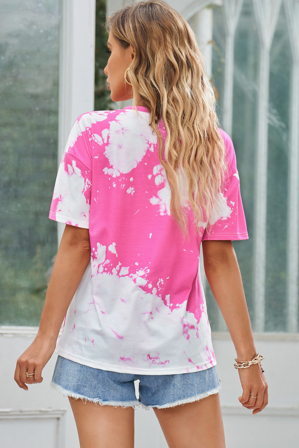 Pink Tie Dye Short Sleeve Crew Neck T Shirt Customized