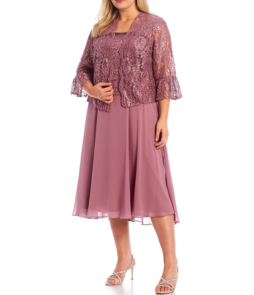 Le Bos Plus Size Square Neck 3/4 Sleeve Sequined Lace Tea Length 2-Piece Jacket Dress