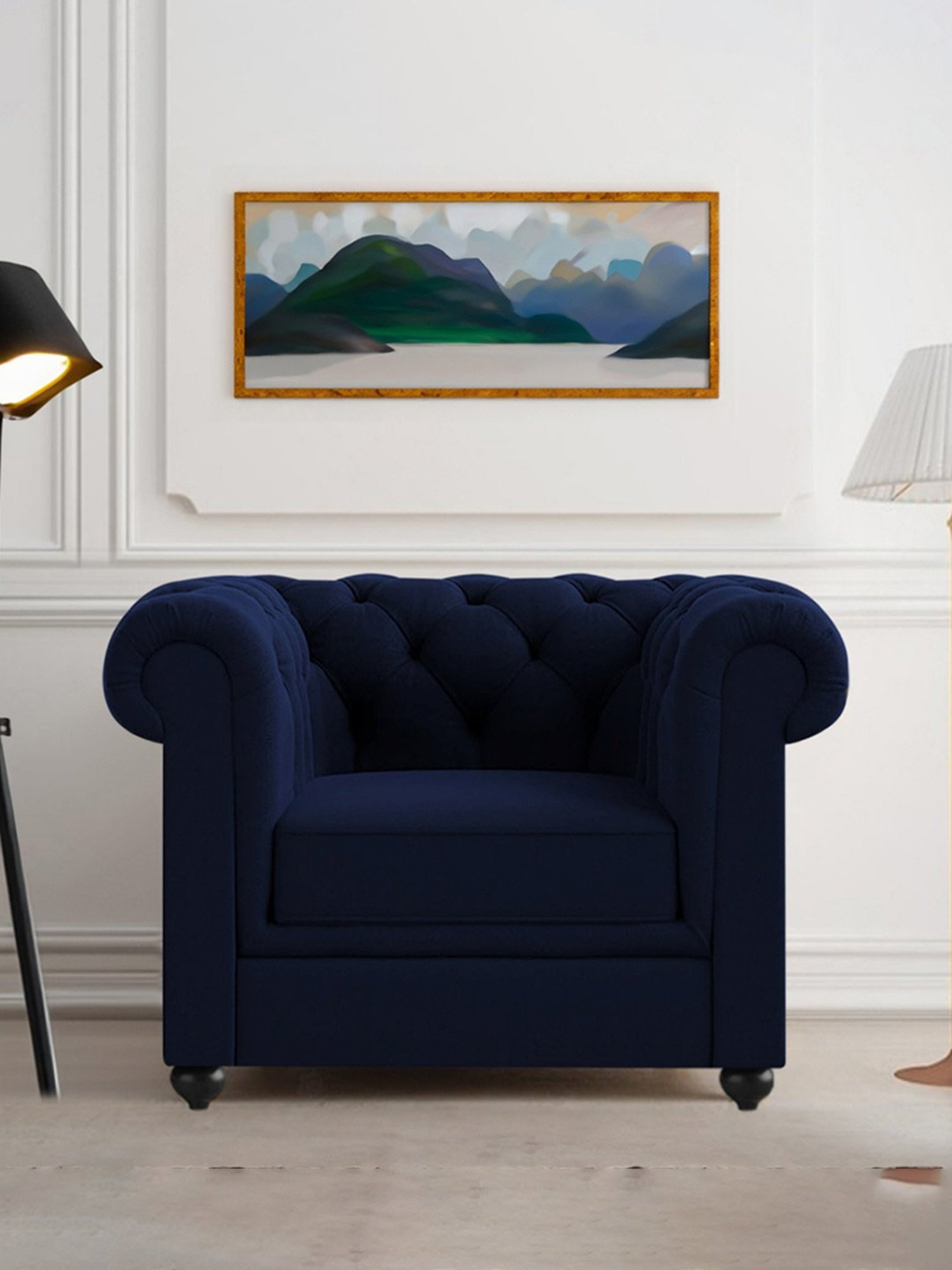 Trevi Manchester Quilted Navy Blue Velvet & Neem Wood 1 Seater Sofa