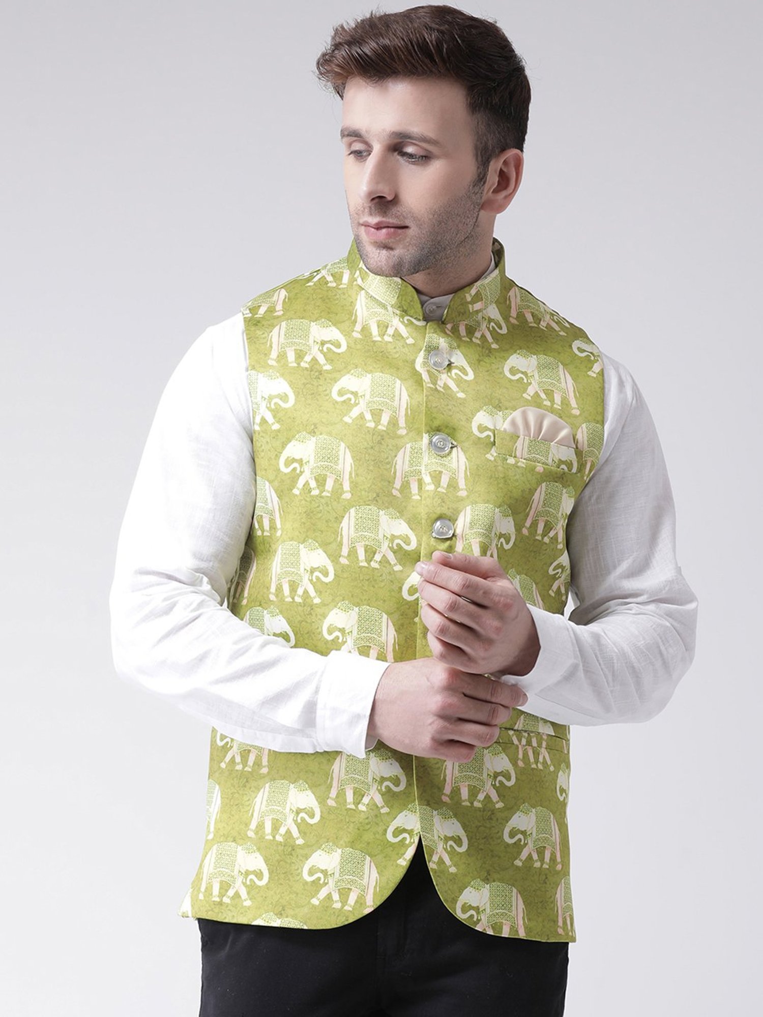 Hangup Plus Lime Green Regular Fit Printed Nehru Jacket