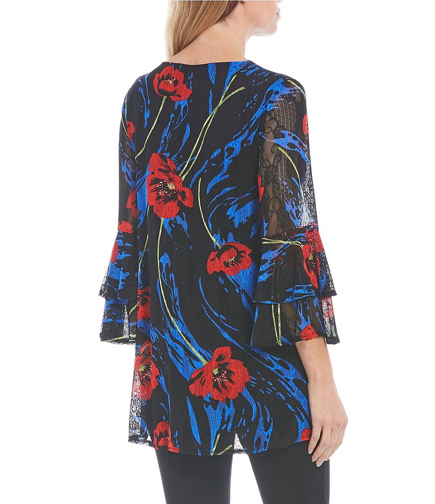 Calessa Crinkle Mesh Double 3/4 Bell Sleeve Jewel Neck Hi-Low Hem Floral Print Tunic