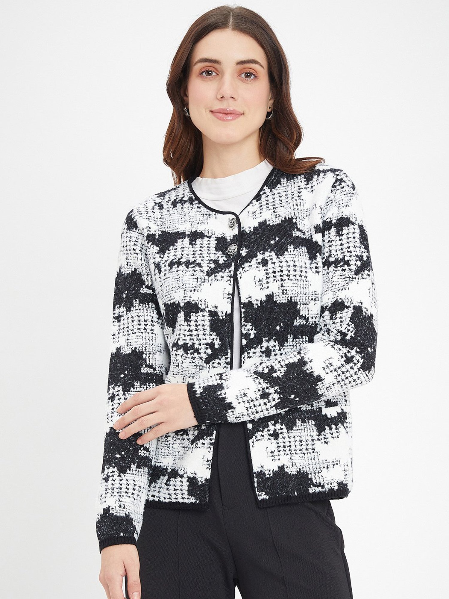 MADAME Black & White Printed Cardigan