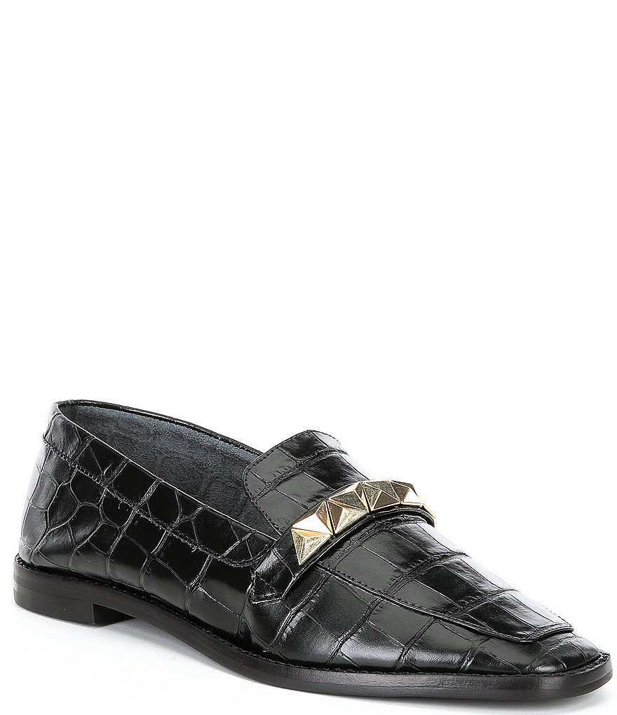 Schutz Pinky Croco Print Leather Studded Strap Loafers