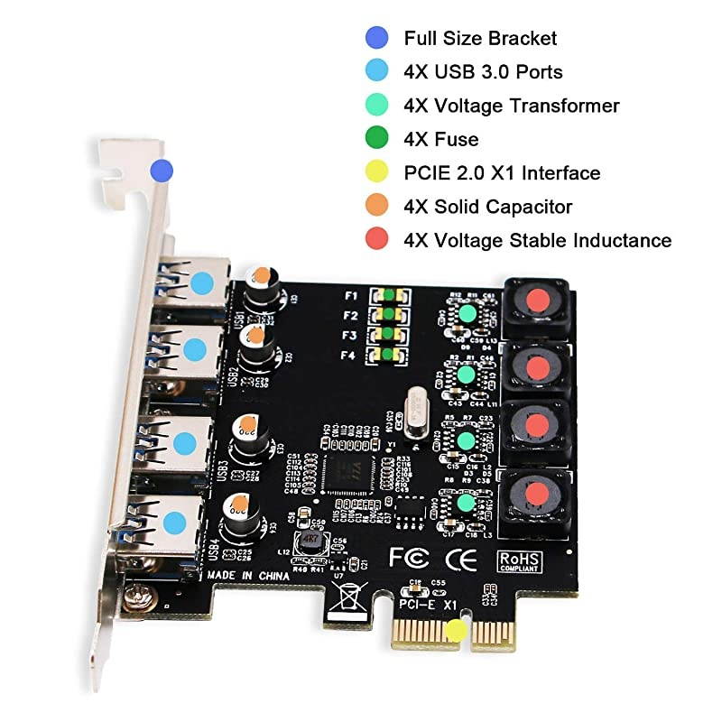 PCIe 4 Ports Superspeed USB 3.0 Card Adapter for Windows Server,XP,Vista,7,8.0,8.1,10(32/64bit) PCs-Biuld in Smart Power Control Technology-No Aditional Power Supply Needed(PCE-U304A)