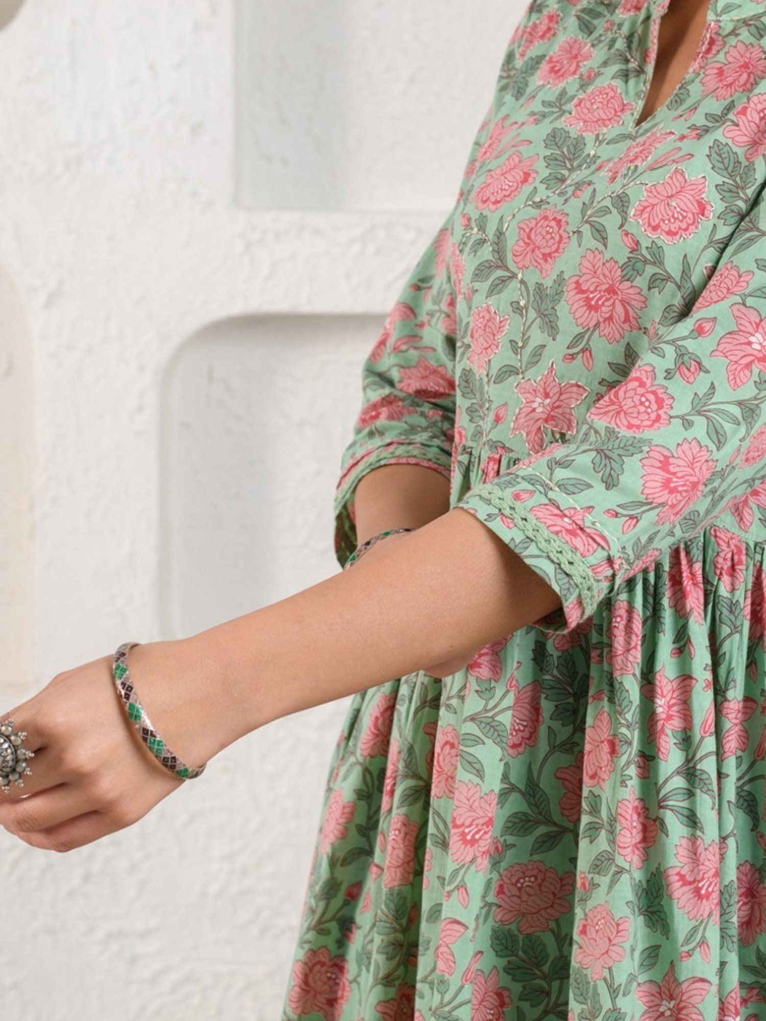 Prakriti Jaipur Green Bageecha Gathered Kurta