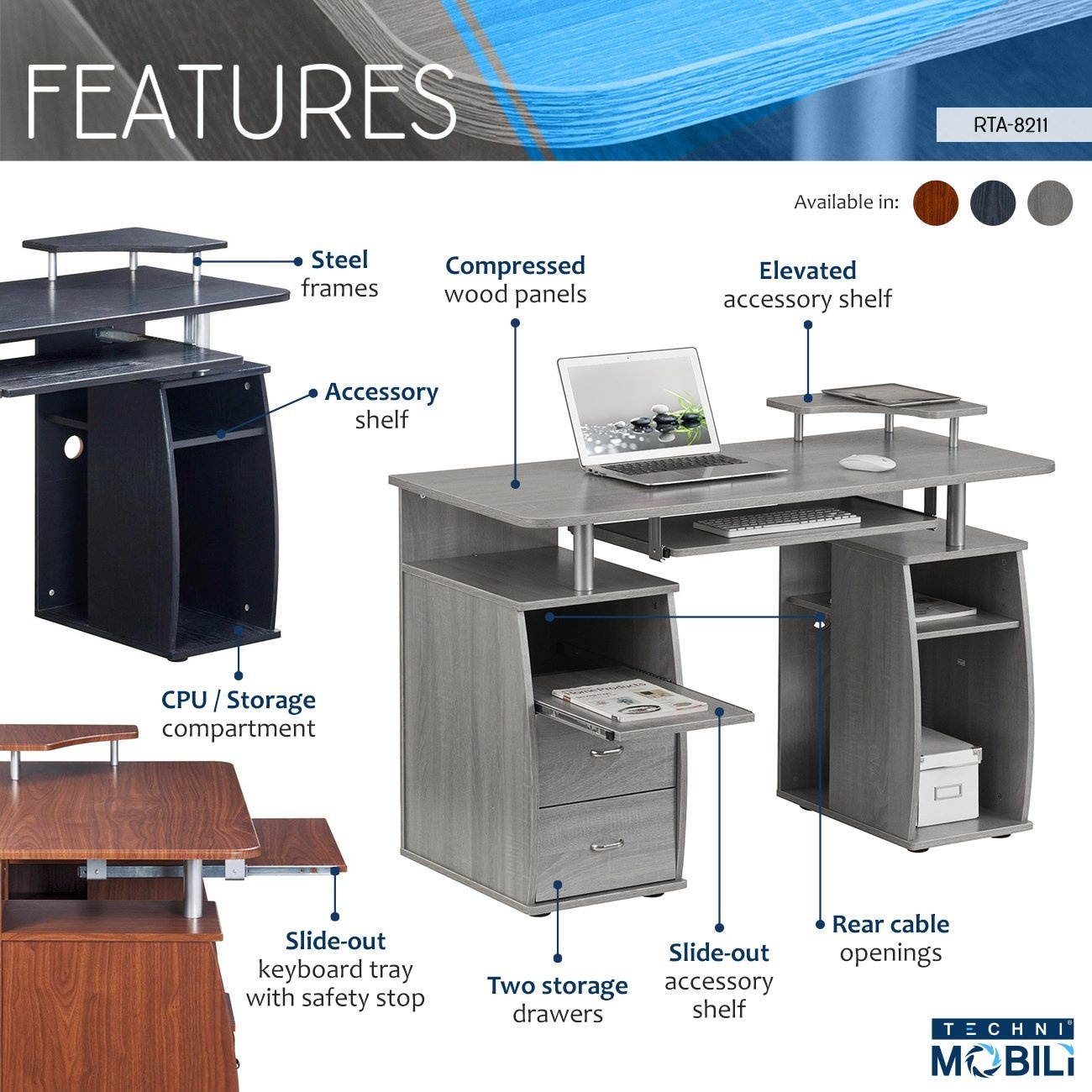 Techni Mobili Complete Computer Workstation Desk With Storage. Color: Mahogany