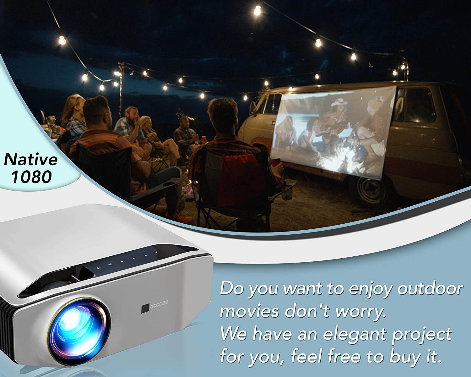 GooDee YG620 Portable Outdoor Movie Projector, Native 1080P Home Theater Video Projector, Full HD LCD 300 Inch, contrast 7000:1 with 100,000 Hrs Lamp Life, Compatible with PC, PS4, TV Stick, HDMI,