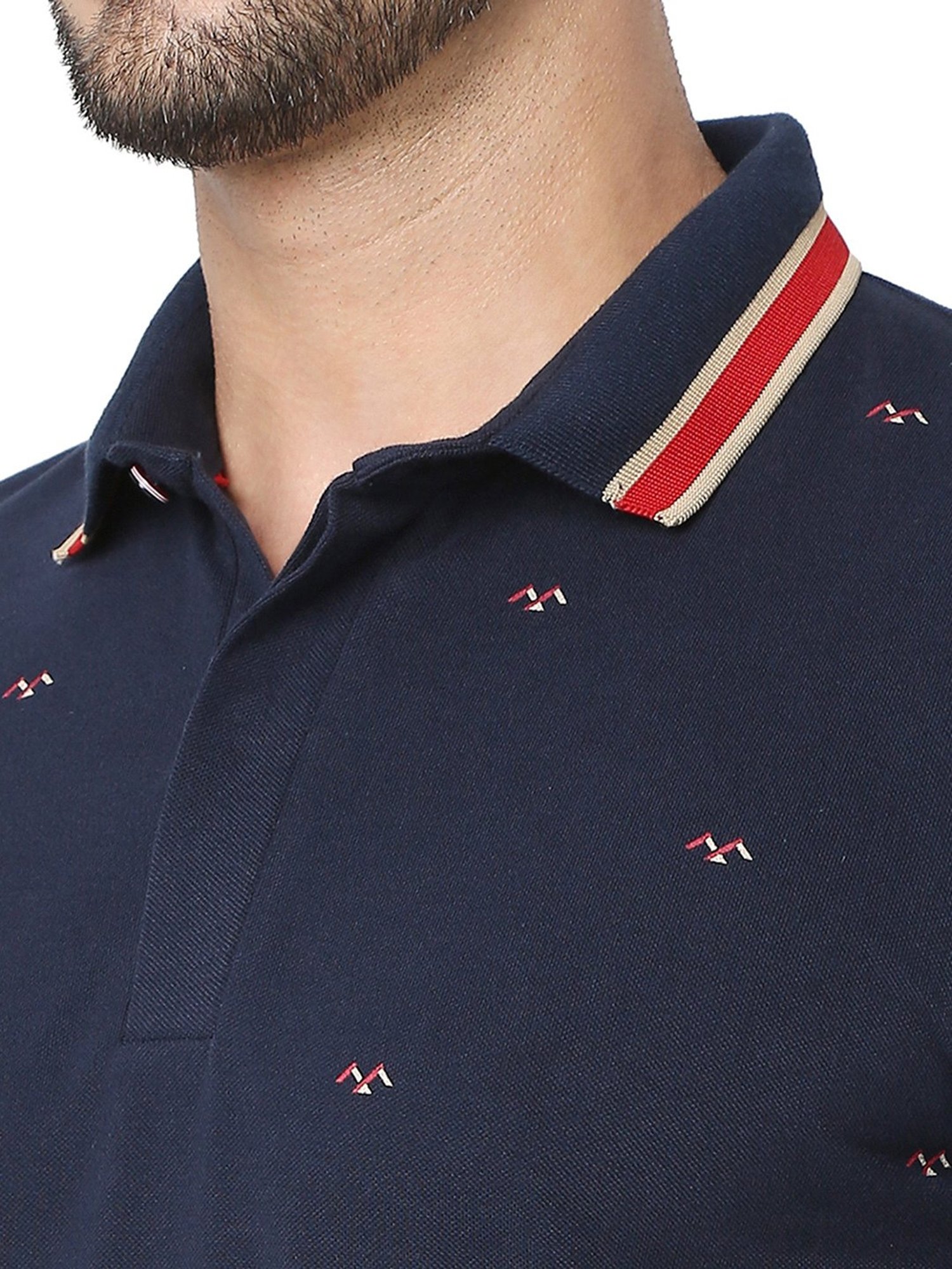 Mufti Navy Slim Fit Printed Cotton Polo T-Shirt