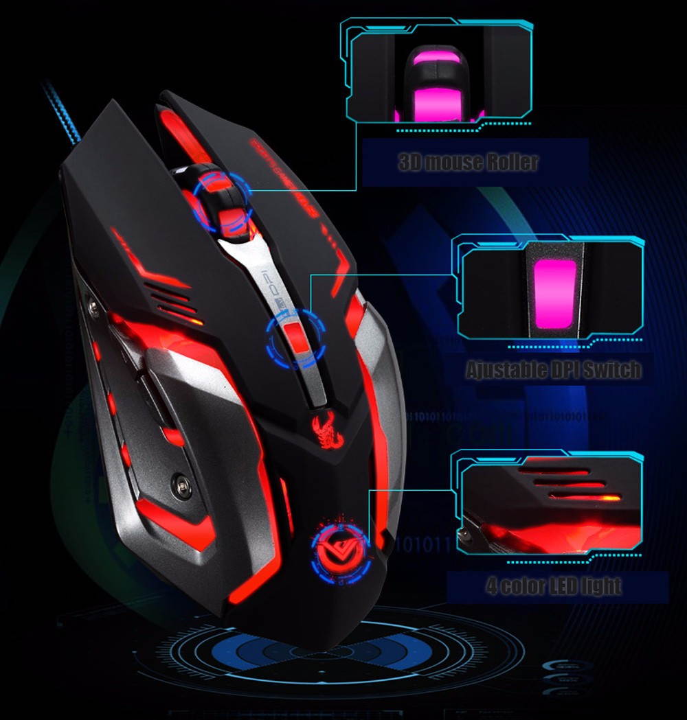 Funtech Gaming Mouse Ajustable 3200 DPI 6 Buttons Optical High-grade USB Wired Game Mouse Gamer 4 Color Breathing Variable Light