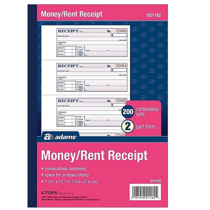Adams Money/Rent Receipt Book Carbonless 2-Part 7-5/8"x11" WE DC1182