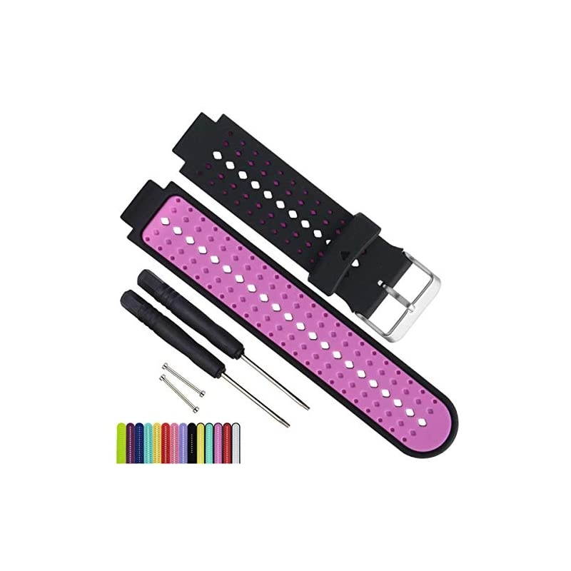 Silicone Waterproof Replacement Watch Bands and Straps with 2PCS Pin Removal Tools + 2PCS Lugs Adapters for Garmin Fouerunner 220 230 235 620 630 735 GPS Running Smart Wrist Watch BlackRose