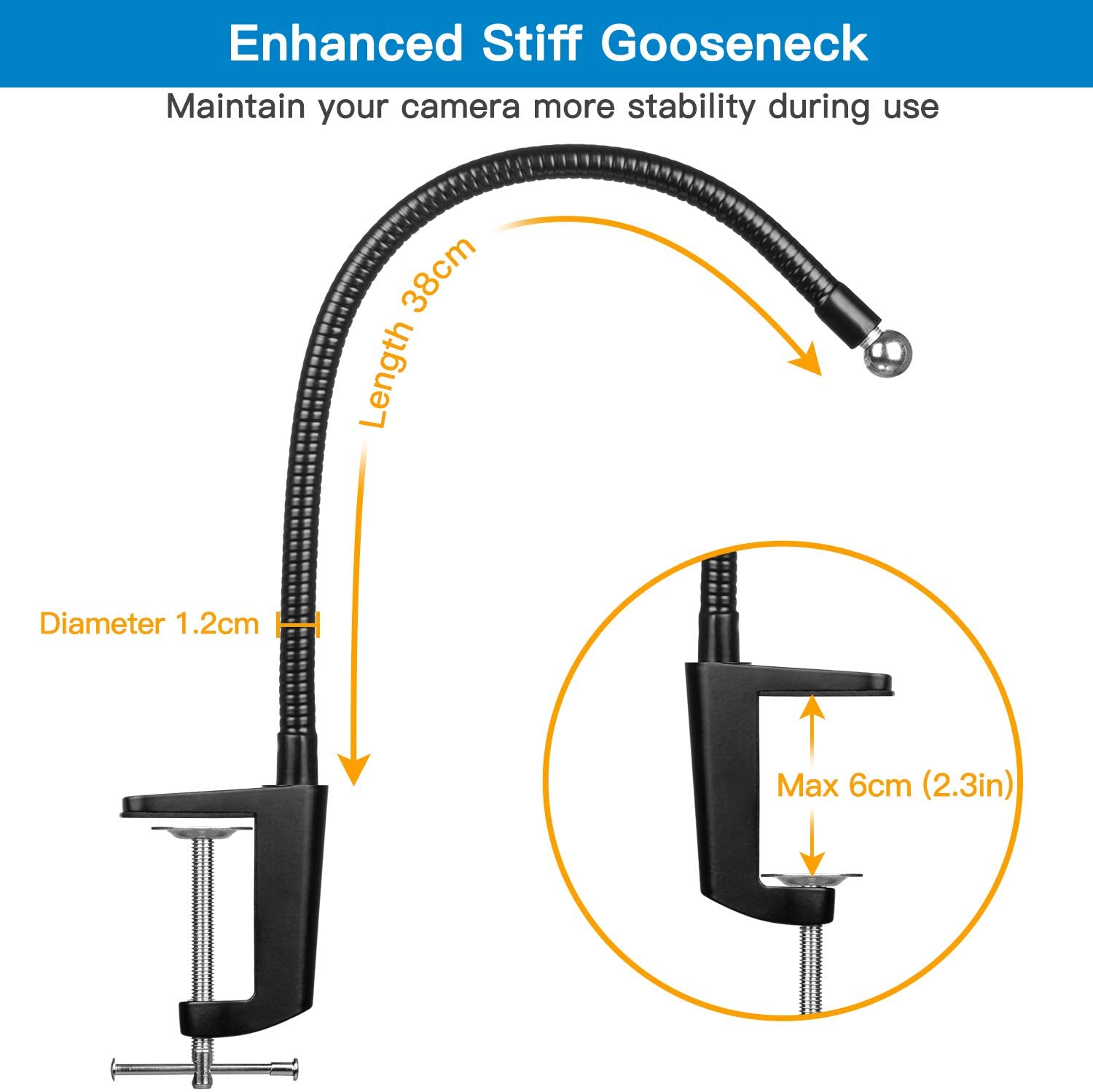 Webcam Stand - Enhanced Flexible Desk Mount with Jaws Clamp Clip Gooseneck Webcam Holder for Logitech Webcam C930e,C930,C920, C922x,C922, Brio 4K, C925e,C615, GoPro Hero 8/7/6/5, 15 Inch
