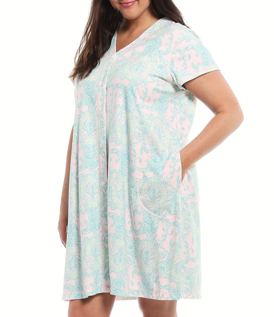 Miss Elaine Plus Paisley Print Interlock Knit Grip-Front Short Robe