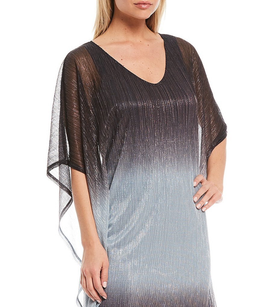 Kay Unger Long Bishop Sleeve V-Neck Crepe A-Line Dress