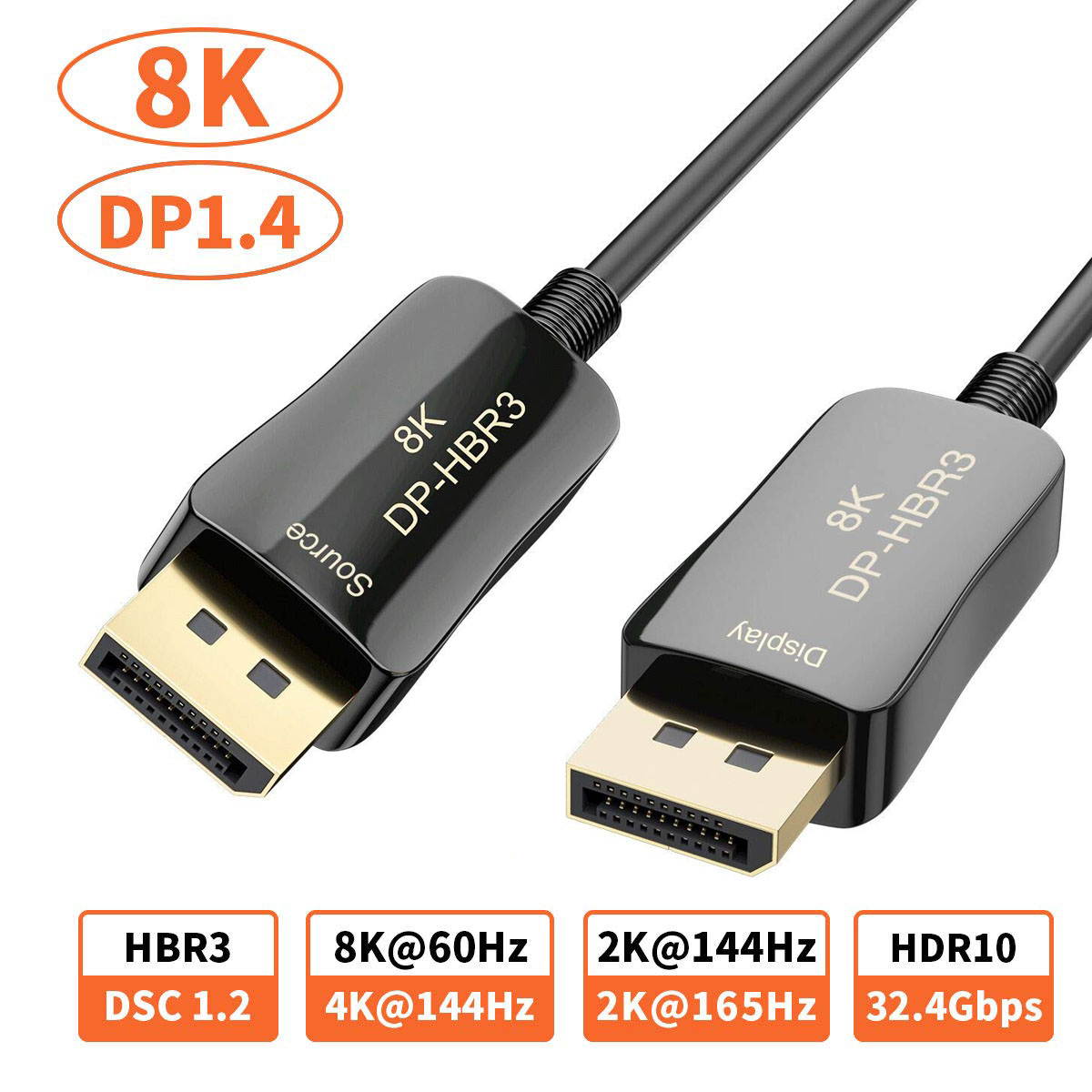 ESTONE Fiber 8K DisplayPort DP 1.4 Cable DP Ultra HD 8K@60Hz, 4K @ 120Hz High Speed 32.4Gbps Optic Fiber Slim and Flexible DP to DP Male to Male 3D Cable 15m 50ft