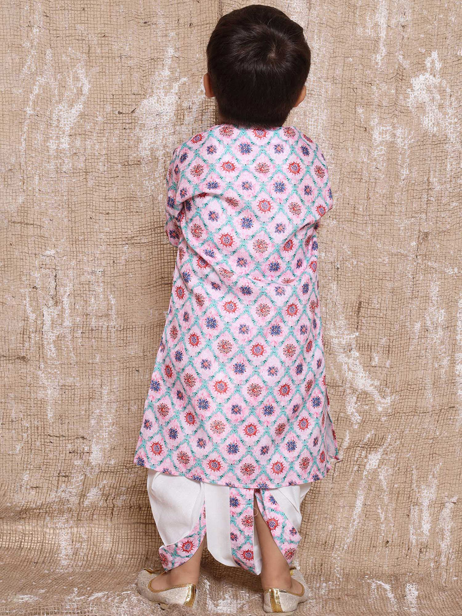 AJ Dezines Kids Pink & White Floral Print Full Sleeves Kurta with Dhoti