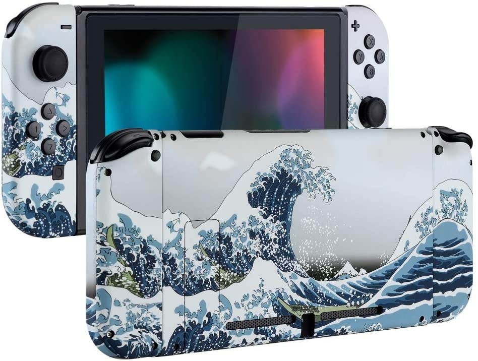 eXtremeRate Soft Touch Grip Back Plate for Nintendo Switch Console, NS Joycon Handheld Controller Housing with Full Set Buttons, DIY Replacement Shell for Nintendo Switch - The Great Wave