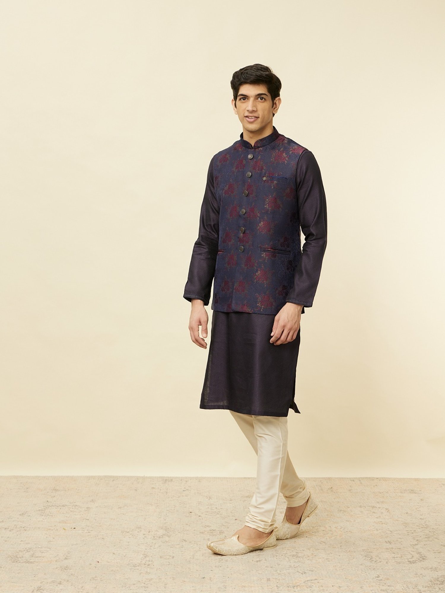 Manyavar Blue Regular Fit Self Pattern Nehru Jacket