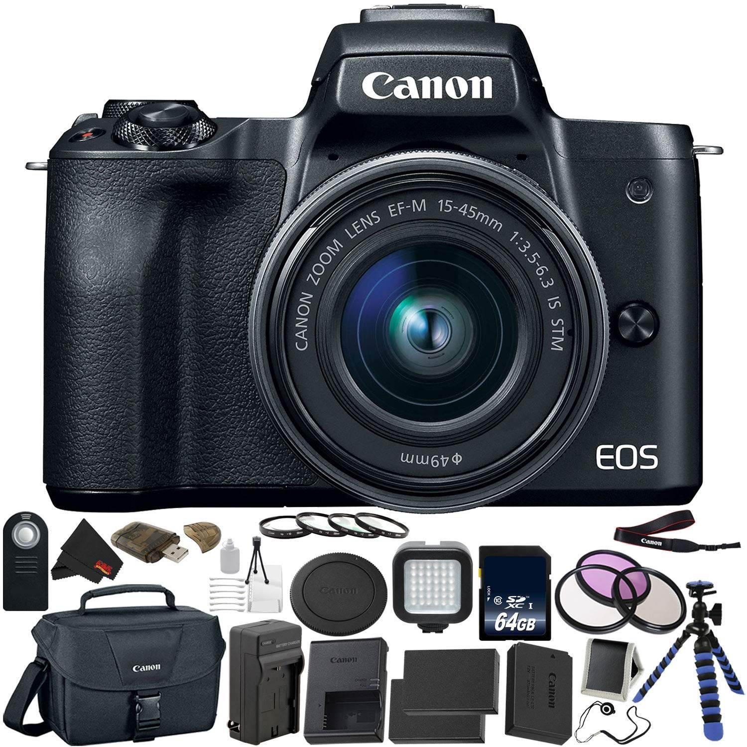 Canon EOS M50 Mirrorless Digital Camera with 15-45mm Lens Bundle with 64GB Memory Card + Tripod + 2x Spare Battery + LED Light + More - Intl Model