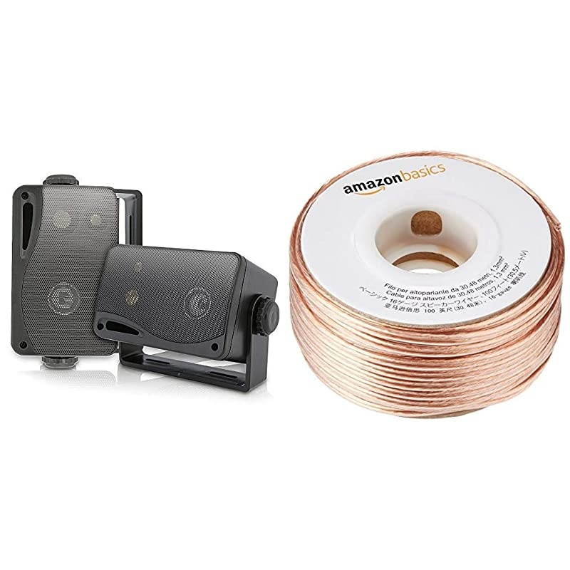 Mini Box Speaker System 35 Inch 200 Watt Weatherproof Marine Grade Mount Speakers Pyle PLMR24B Black amp Basics SW100ft 16Gauge Speaker Wire 100 Feet