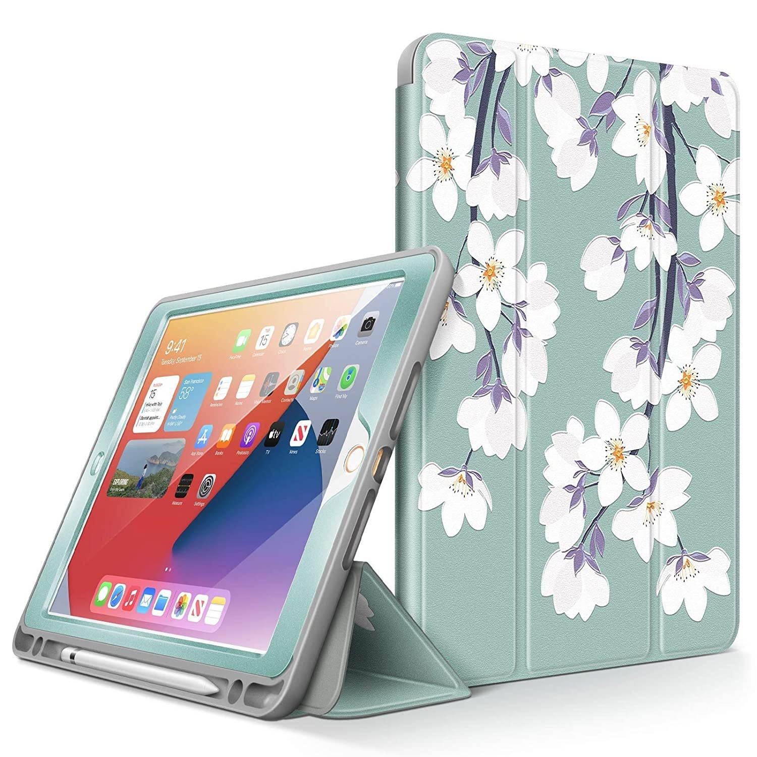 GVIEWIN Flower Case Bundle - Compatible with iPhone 11 6.1" & iPad 8th/7th Generation 10.2" Trifold Smart Case - (Windflower/White) (2 Items Bundle)