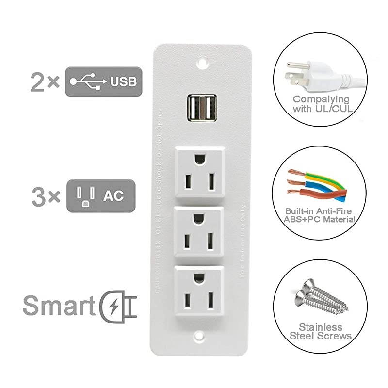 Recessed Power Strip with USB Mountable Power Outlet Built in Desktop Workbench Drawer Cabinet 10'ft Heavy Duty Power Cord White