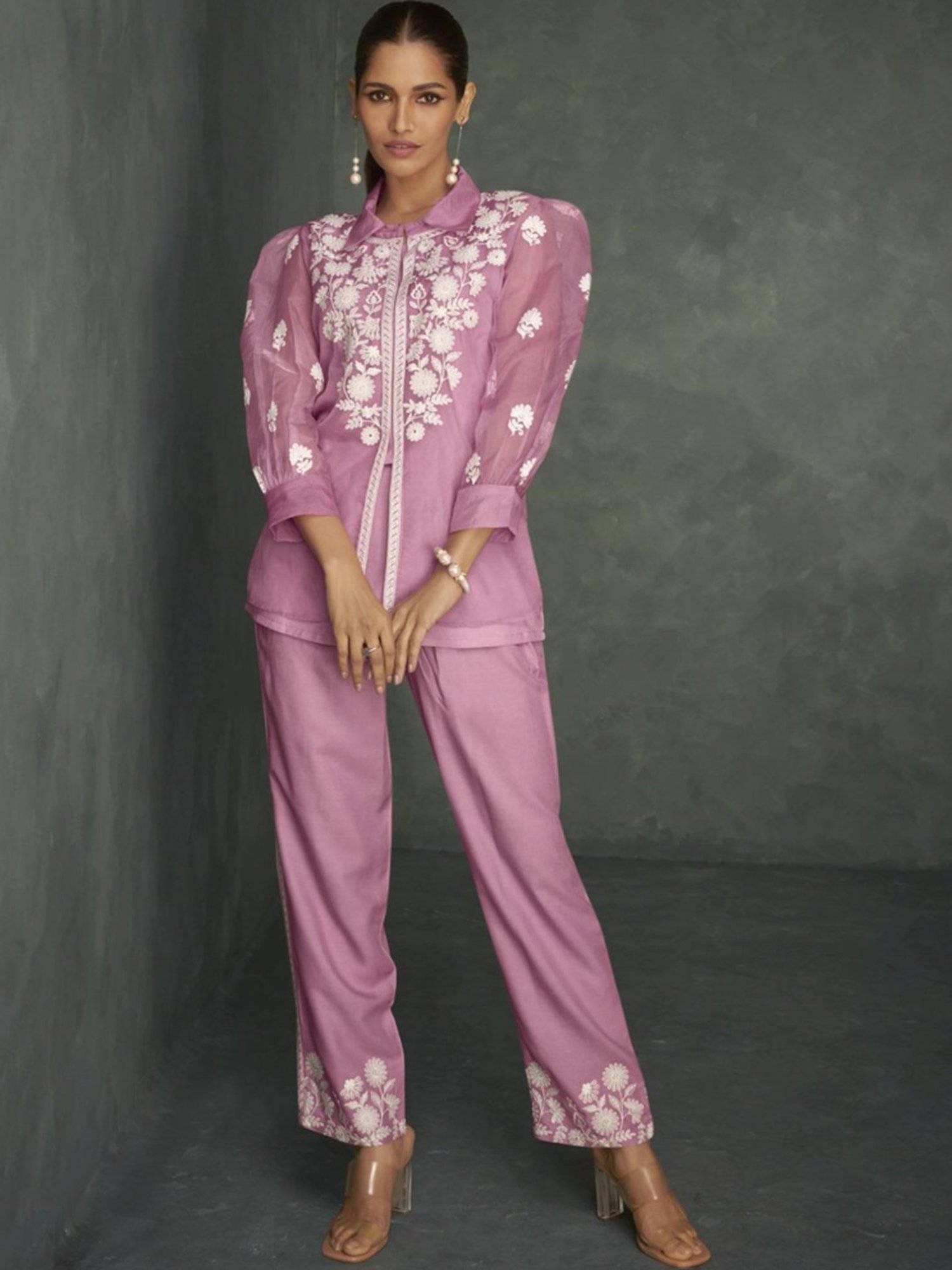 Autumnlane Pink Saba Flamingo Embroidered 3 Pc Jacket with Inner and Pant Co-ord Set