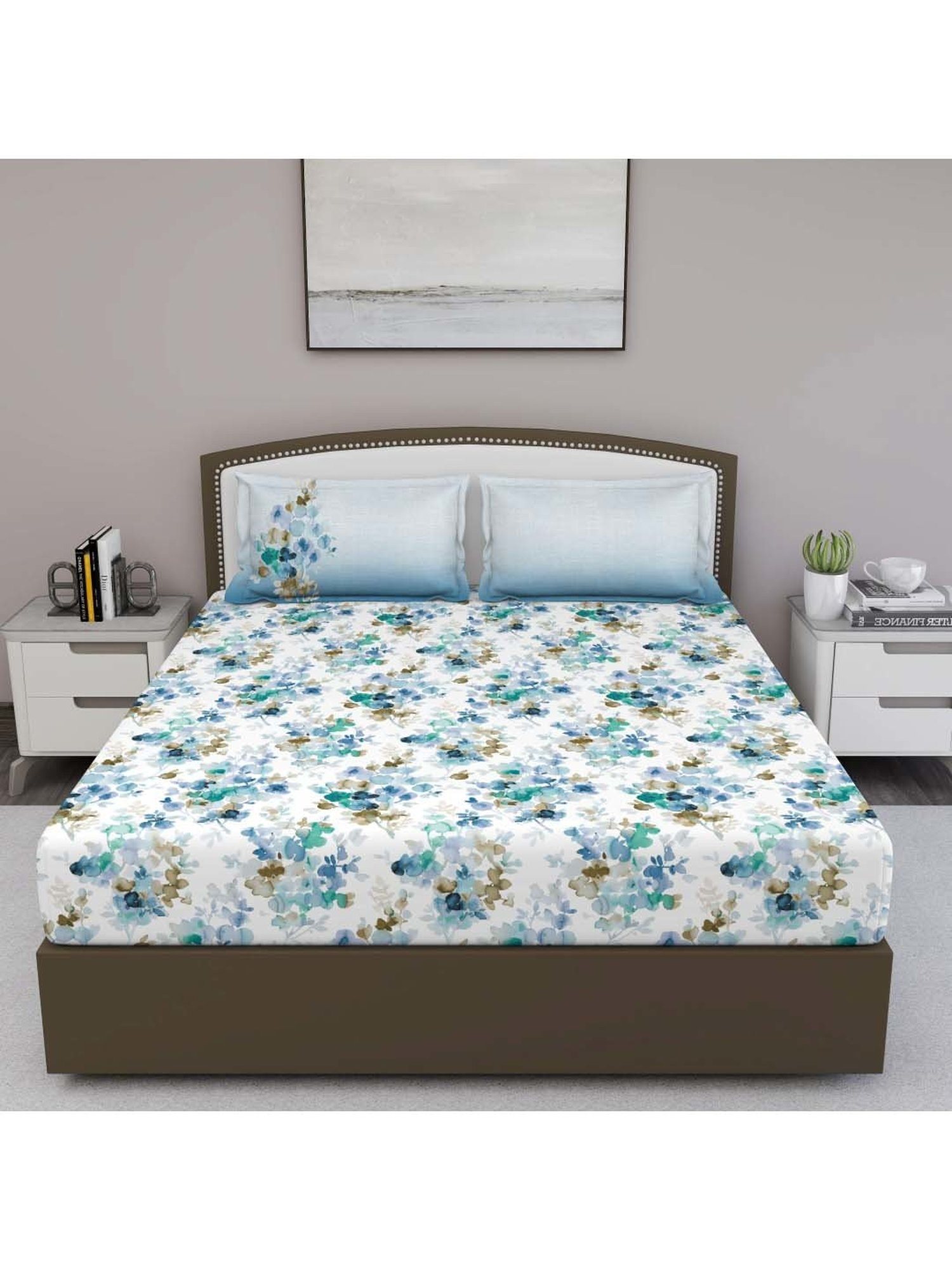 GM 'Fiesta' Blue & White Cotton 180 TC Double Bedsheet with 2 Pillow Covers