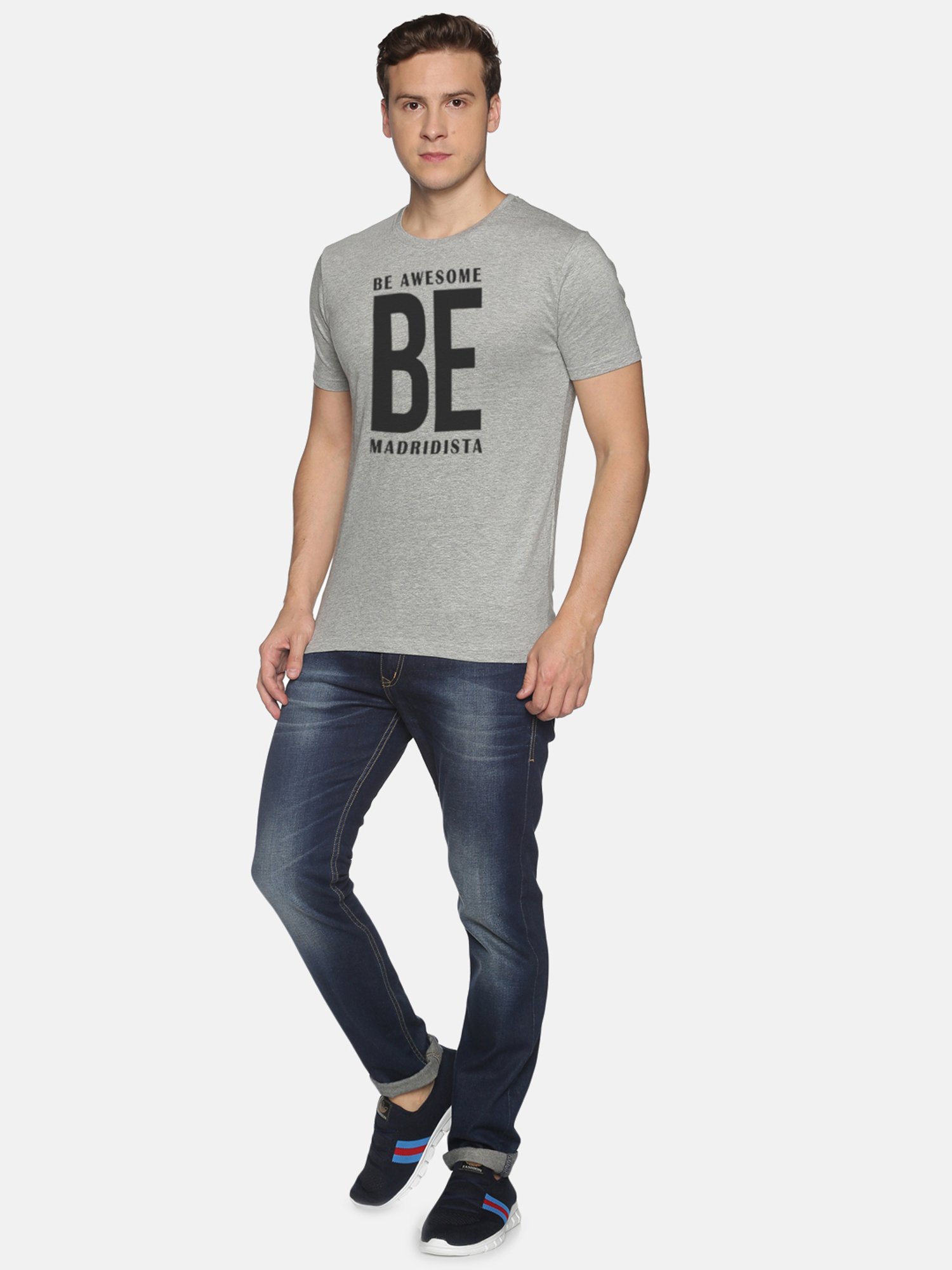 BLACK RADIO Grey Melange Slim Fit Printed Cotton Crew T-Shirt