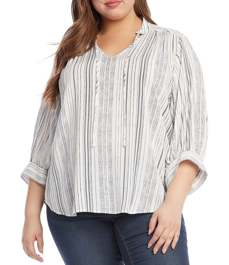 Karen Kane Plus Size Mixed Stripe Print Tie Split V-Neck 3/4 Blouson Sleeve Top