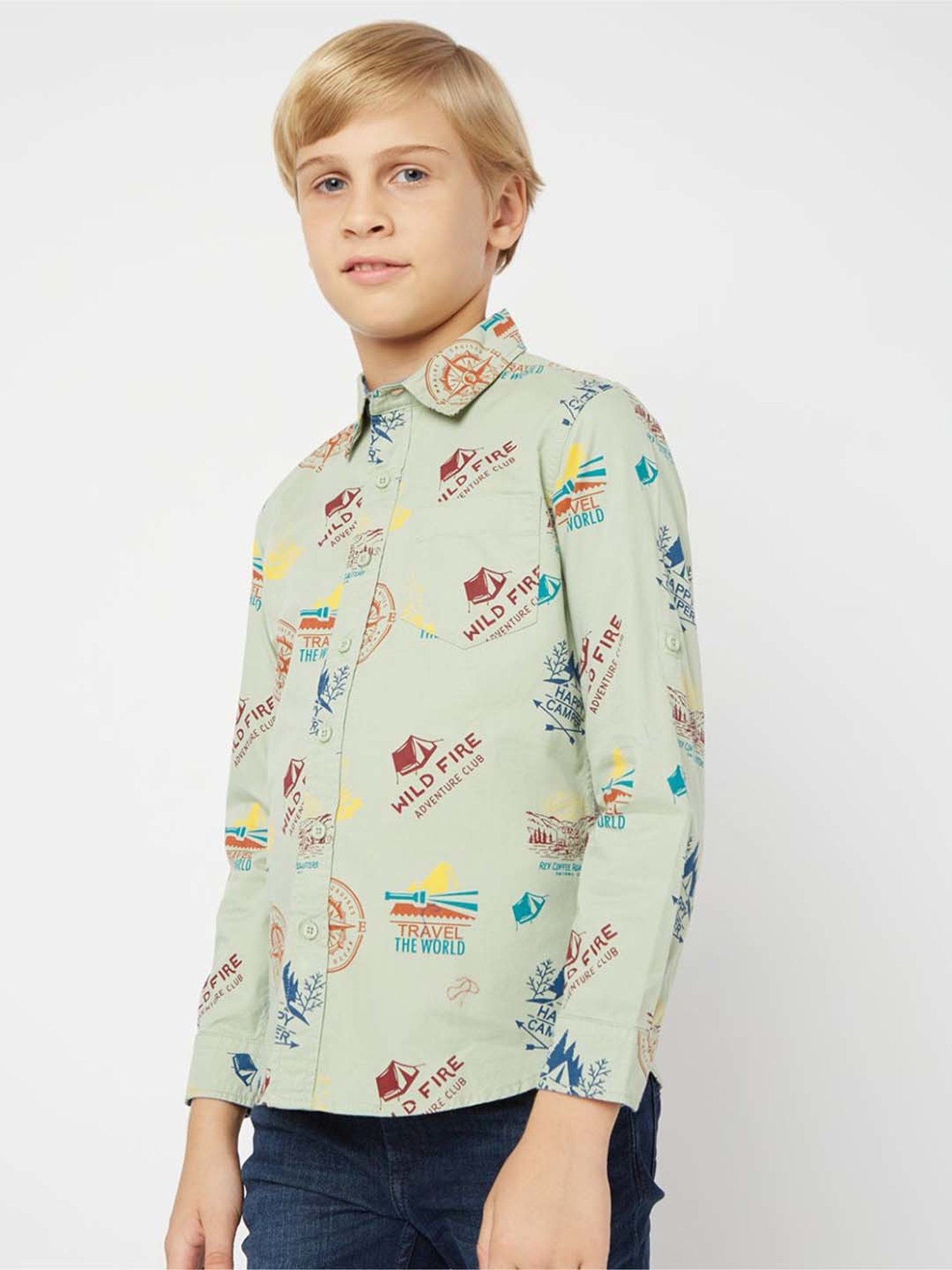 Gas Kids Sage green Cotton Printed Full Sleeves Shirt