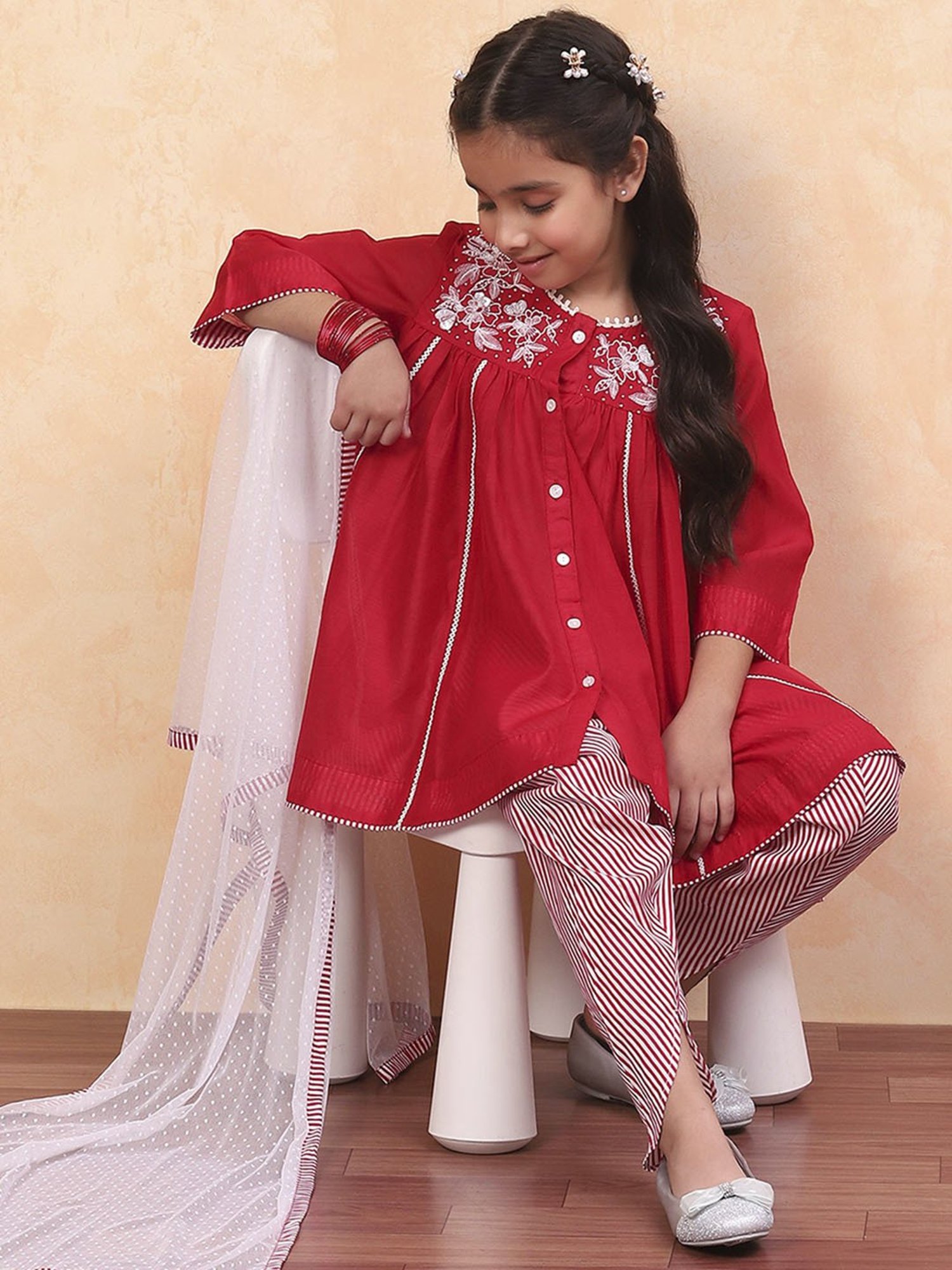 Biba Girls Red Embroidered Suit Sets