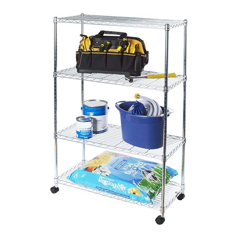 4-Tier Steel Wire Shelving with Wheels, 30" W x 14" D x 48" H, Plated