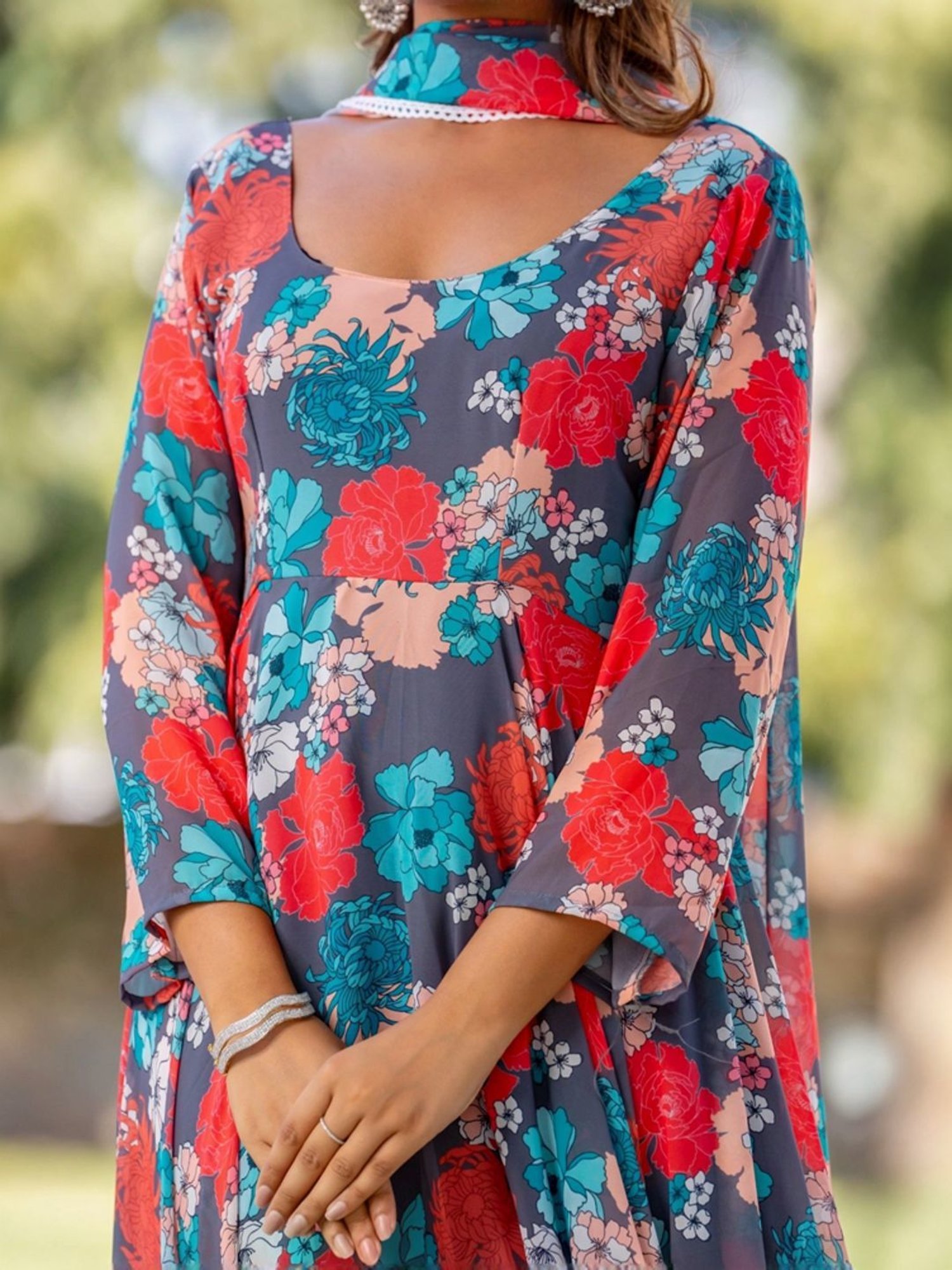 HOUSE OF JAMOTI Grey Printed Anarkali Kurta With Dupatta