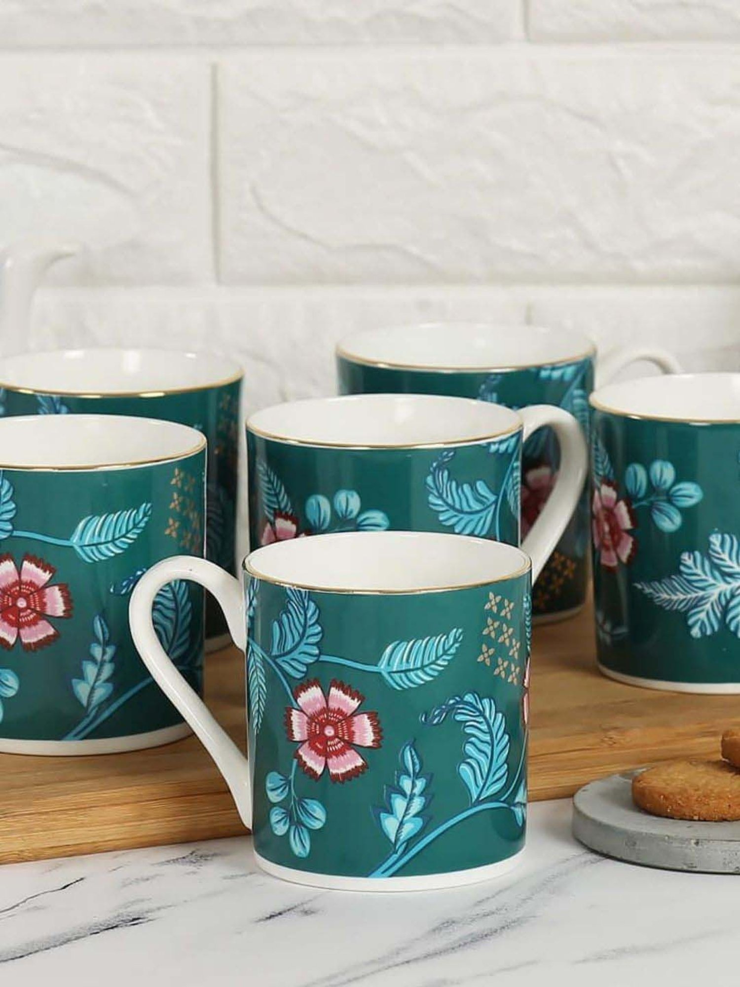 India Circus Teal Blue Ceramic 10 cm Coffe Mug (0.22 L) - Set of 6