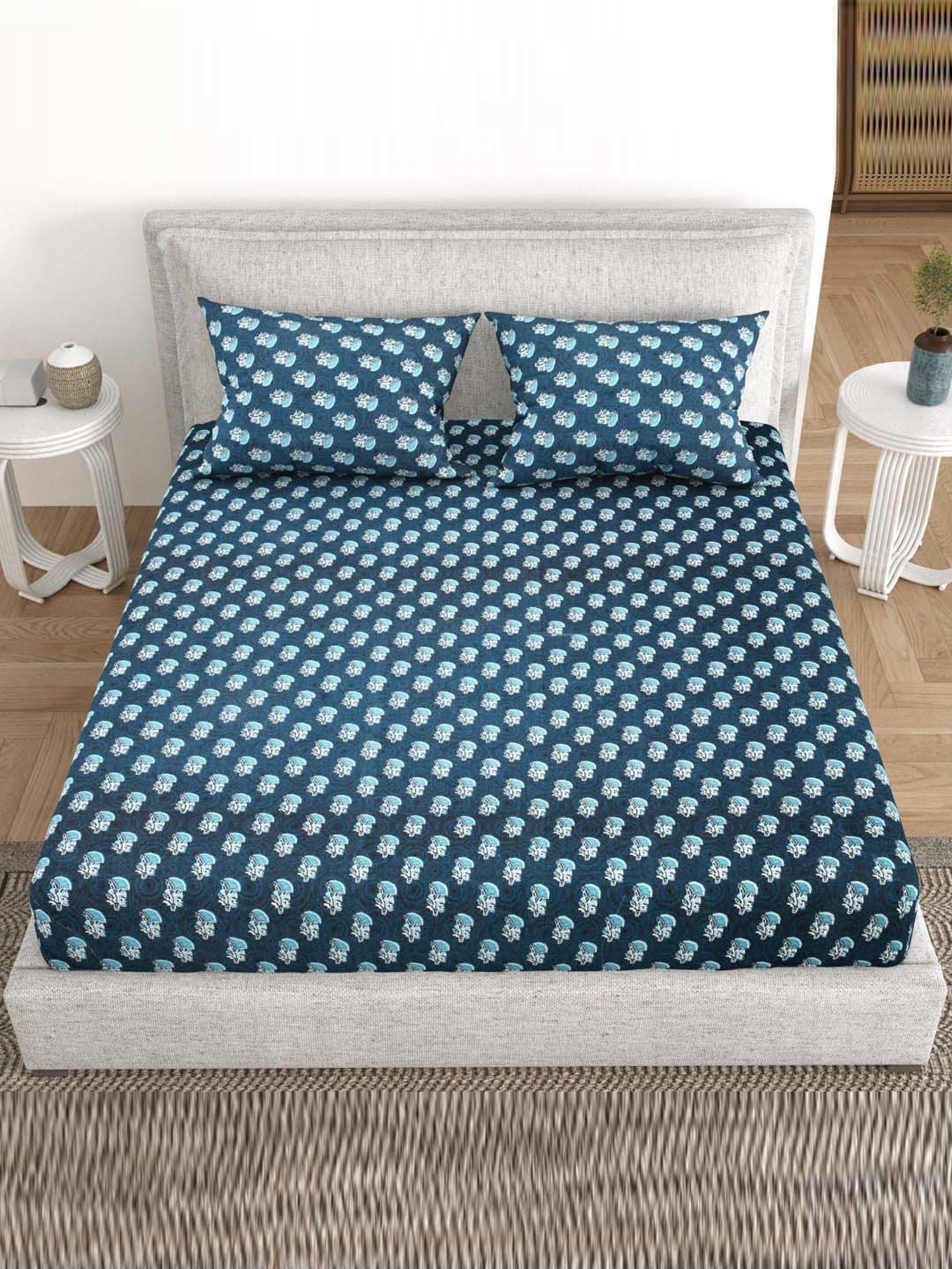 BELLA CASA Indus Collection Blue Cotton 200 TC King Bedsheet with 2 Pillow Covers