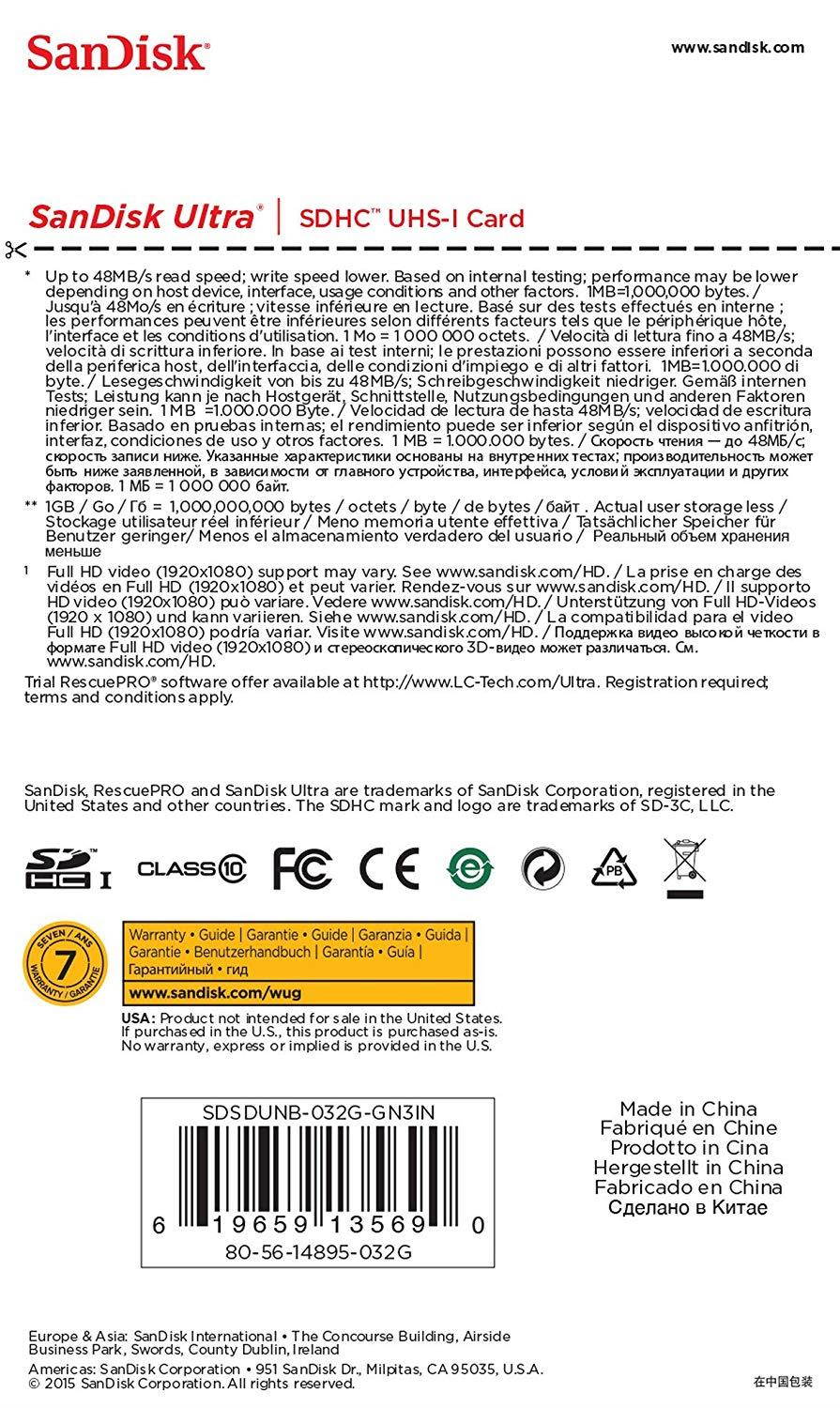 Sandisk 32GB SD Class 10 SDHC Flash 48MB/s Memory Card