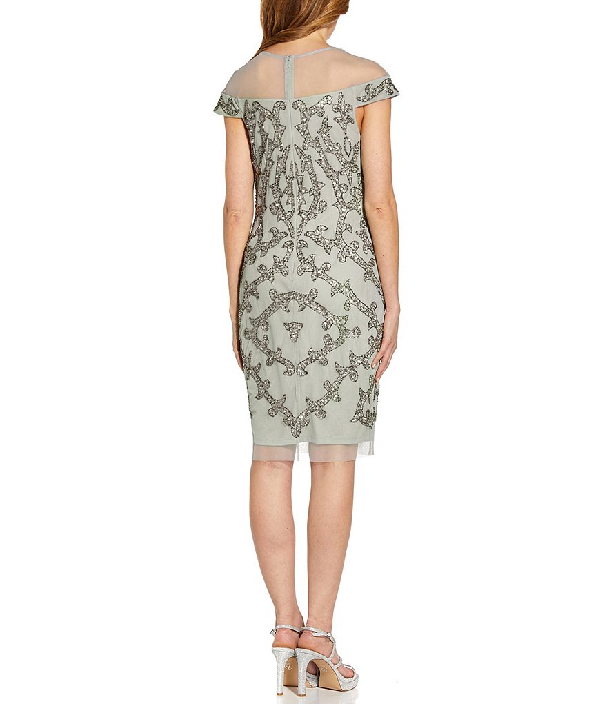 Adrianna Papell Illusion Crew Neck Cap Sleeve Beaded Cocktail Dress