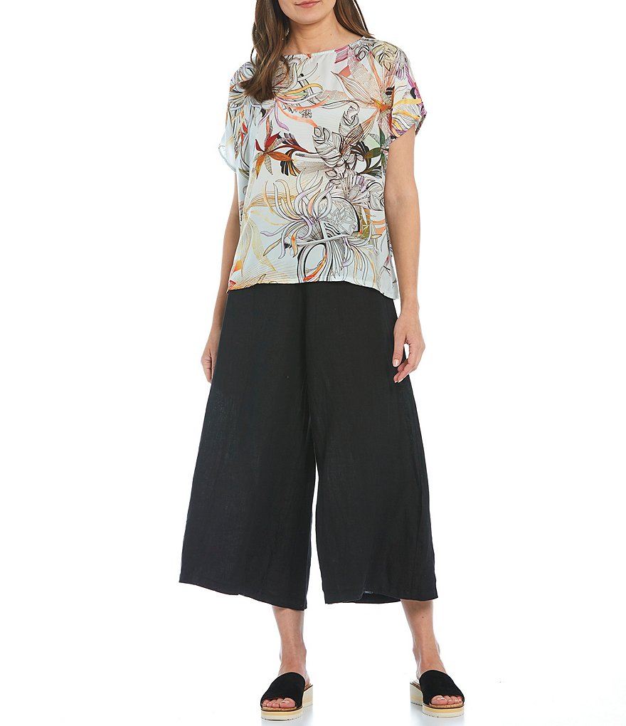 Bryn Walker Ella Light Linen Flat Front Wide Leg Cropped High Rise Pull-On Pants