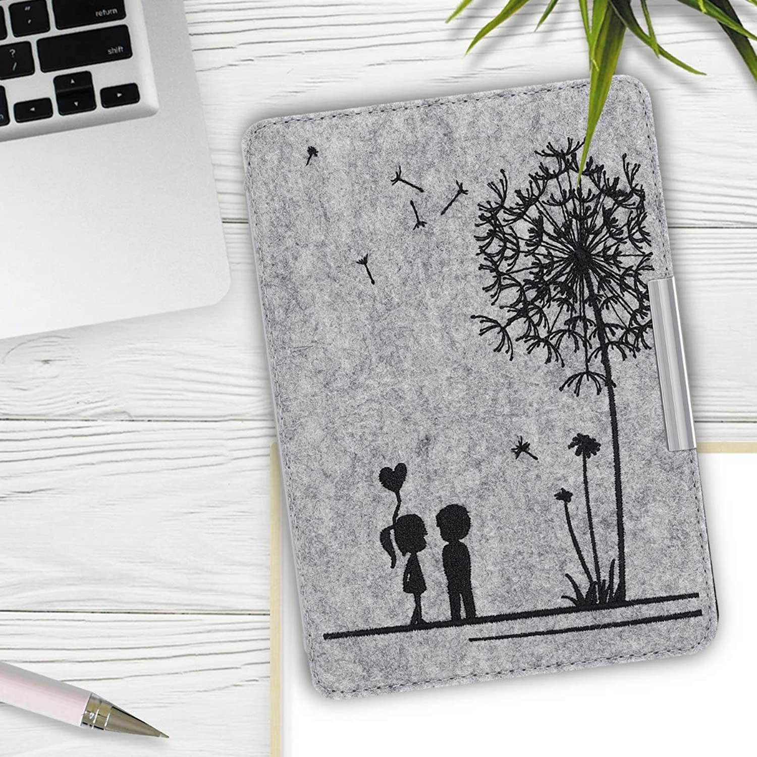 kwmobile Case Compatible with Amazon Kindle Paperwhite (10. Gen - 2018) - Book Style Felt Fabric Protective e-Reader Cover Folio Case - Dandelion Love Black/Light Grey