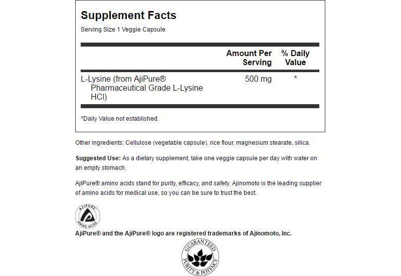 Swanson L-Lysine - Pharmaceutical Grade 500 mg 90 Veggie Capsules.